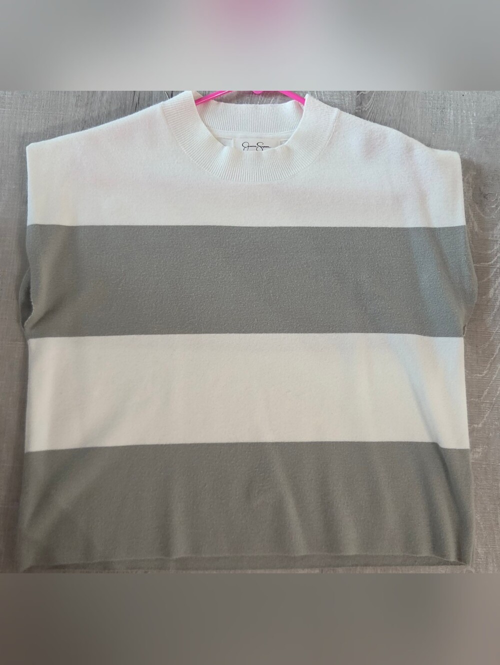 Jessica Simpson Striped Sleeveless Sweater Tank Gray White Mock Neck Large
